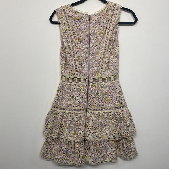 Alice + Olivia Tonie Tiered Floral Mini Dress Purple Women's 0 Eyelet Lace - Picture 9 of 13